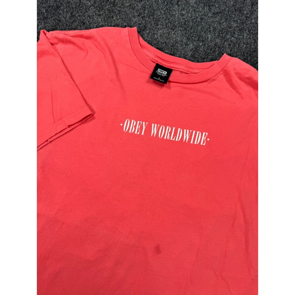 OBEY Worldwide T Shirt Mens L Coral Red Spellout Streetwear Graphic Tee